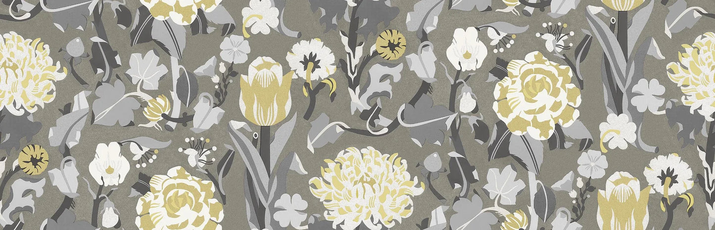 The floral mural wallpaper Myrtle features stylised flowers such as sweet peas, roses and tulips—but above all myrtle, the symbol of love and happiness