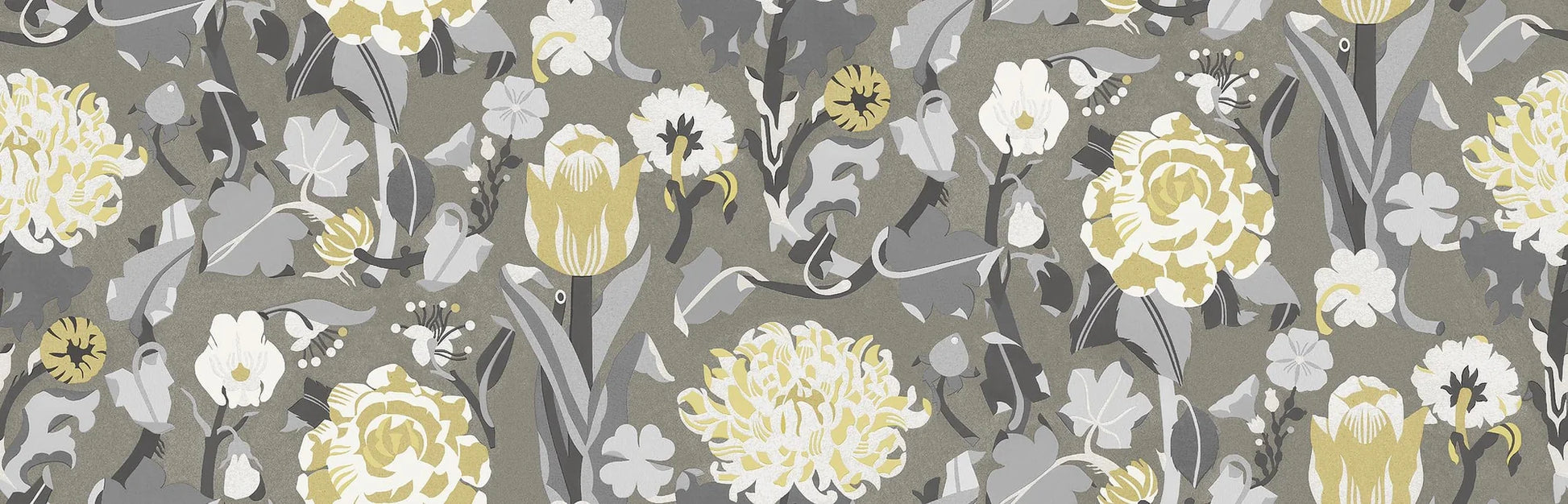 The floral mural wallpaper Myrtle features stylised flowers such as sweet peas, roses and tulips—but above all myrtle, the symbol of love and happiness