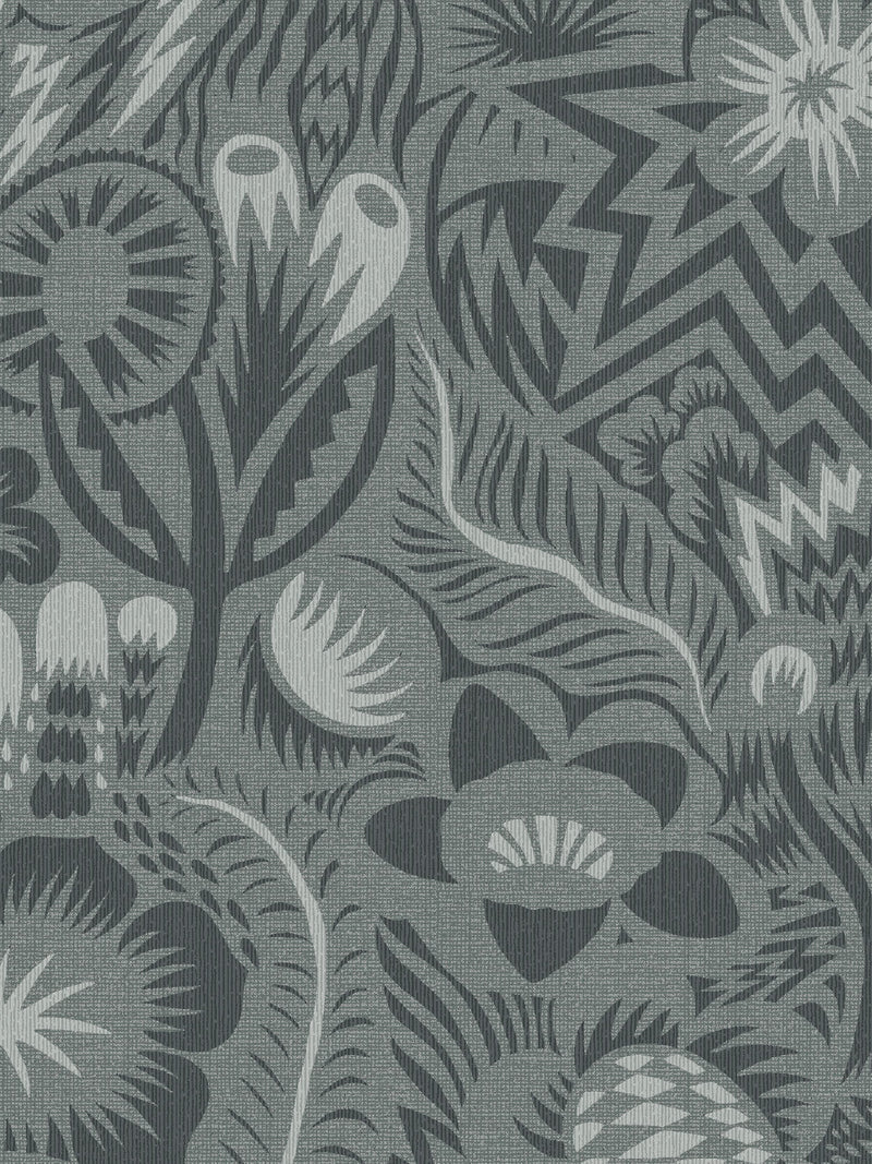 The floral mural wallpaper Pangsurr features a playful, monochrome pattern of organic fantasy shapes.
