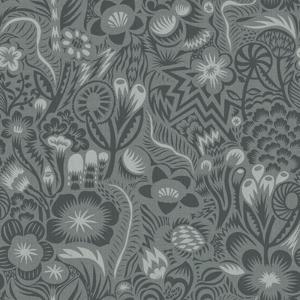 The floral mural wallpaper Pangsurr features a playful, monochrome pattern of organic fantasy shapes.