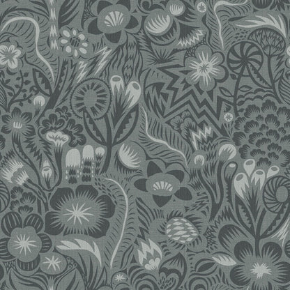 The floral mural wallpaper Pangsurr features a playful, monochrome pattern of organic fantasy shapes.