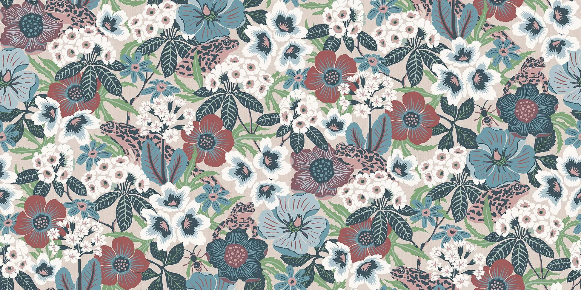 Hanna Werning is known for her lush botanical patterns with a humorous twist, and the floral mural wallpaper Kvackstepp is no exception. 