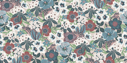 Hanna Werning is known for her lush botanical patterns with a humorous twist, and the floral mural wallpaper Kvackstepp is no exception. 