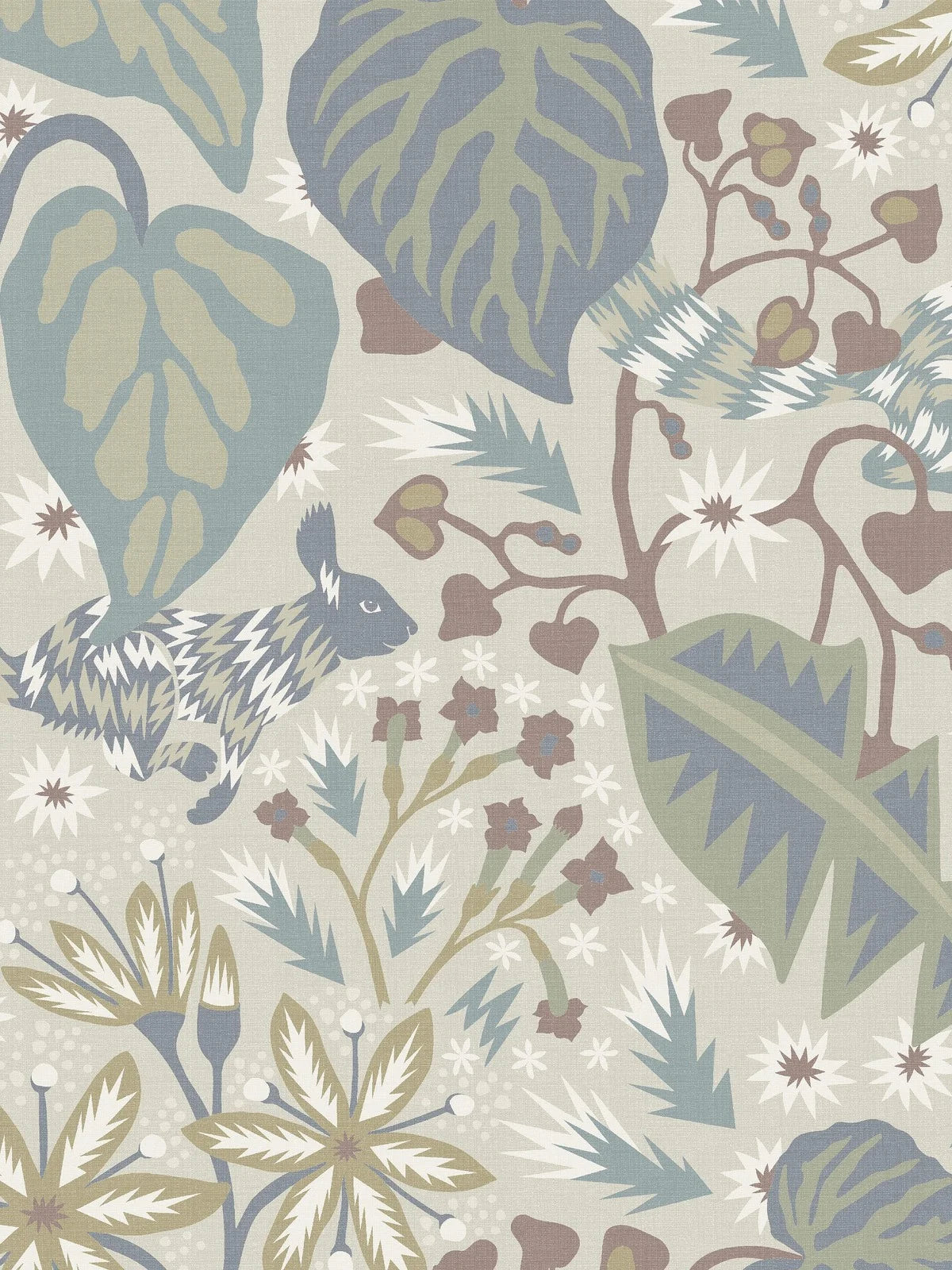 In the large-scale botanical pattern of the mural wallpaper Zingkorre, squirrels dart back and forth among flowers and leaves.
