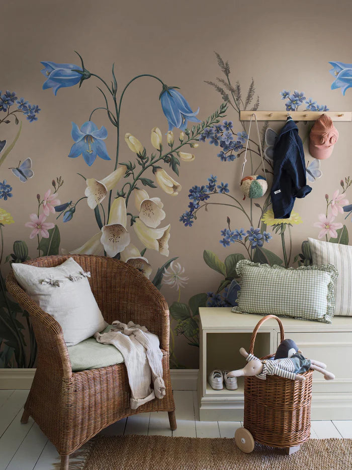 Like stepping into a sun-dappled meadow in full bloom, the Bluebell Magic mural wallpaper invites little ones into a magical world of oversized wildflowers