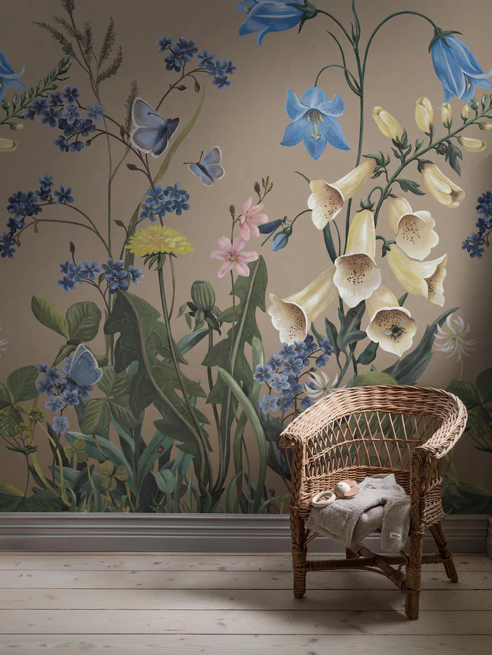 Like stepping into a sun-dappled meadow in full bloom, the Bluebell Magic mural wallpaper invites little ones into a magical world of oversized wildflowers