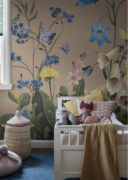 Like stepping into a sun-dappled meadow in full bloom, the Bluebell Magic mural wallpaper invites little ones into a magical world of oversized wildflowers