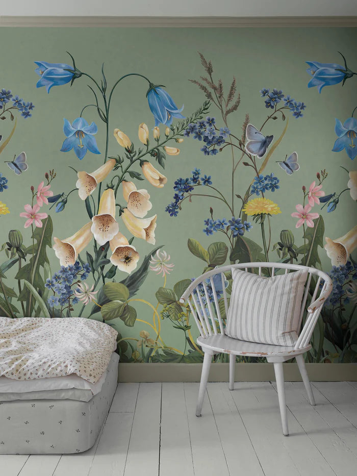 the Bluebell Magic mural wallpaper transforms any child's room into a blooming meadow