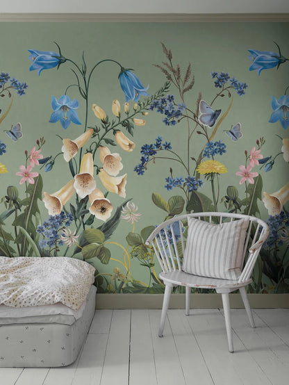 the Bluebell Magic mural wallpaper transforms any child's room into a blooming meadow