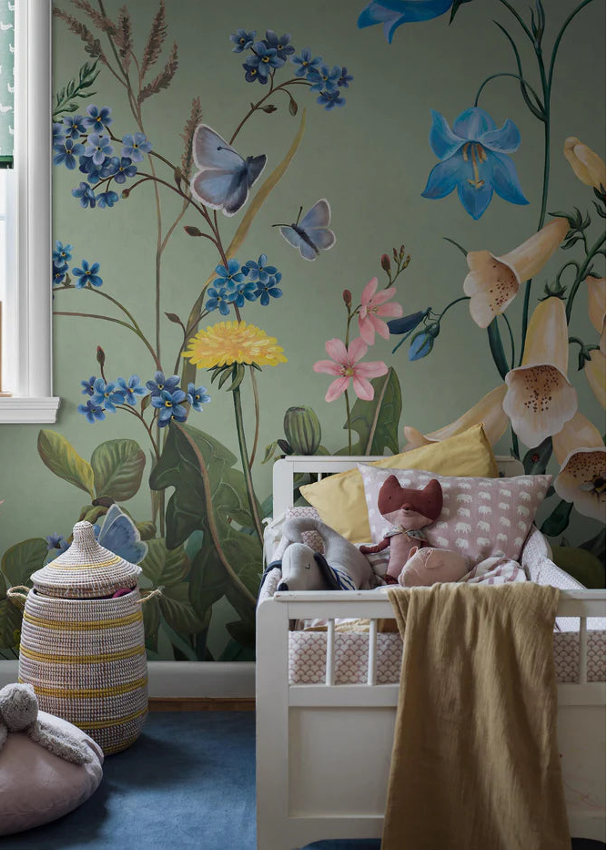 the Bluebell Magic mural wallpaper transforms any child's room into a blooming meadow