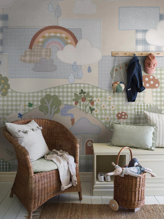  Designer Amanda Nordblad crafted this charming motif entirely by hand, arranging cut fabric pieces in different patterns and textures to create a playful textile collage. 