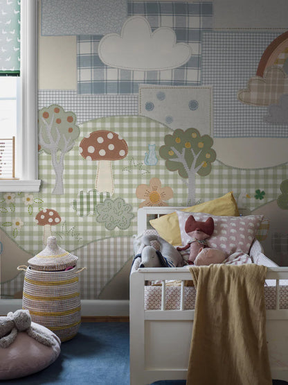  Designer Amanda Nordblad crafted this charming motif entirely by hand, arranging cut fabric pieces in different patterns and textures to create a playful textile collage. 