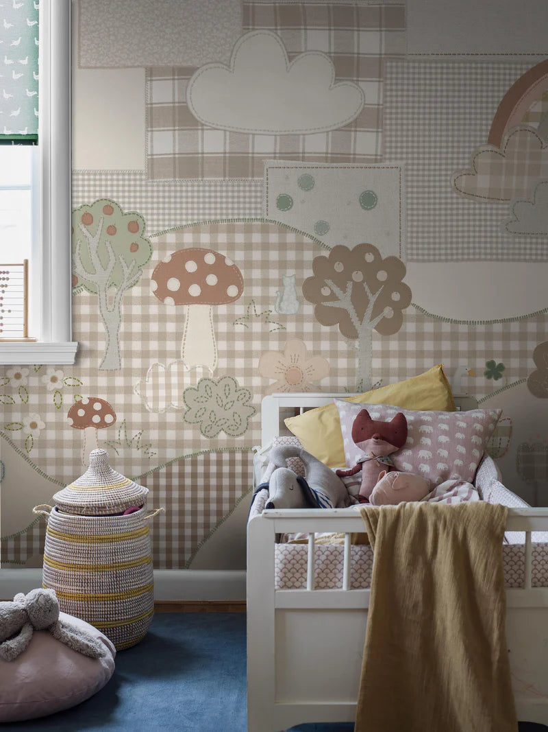 Cottage Patchwork is a playful mural wallpaper in a calm, neutral palette of muted beige, grey, brown, green, and white tones. 