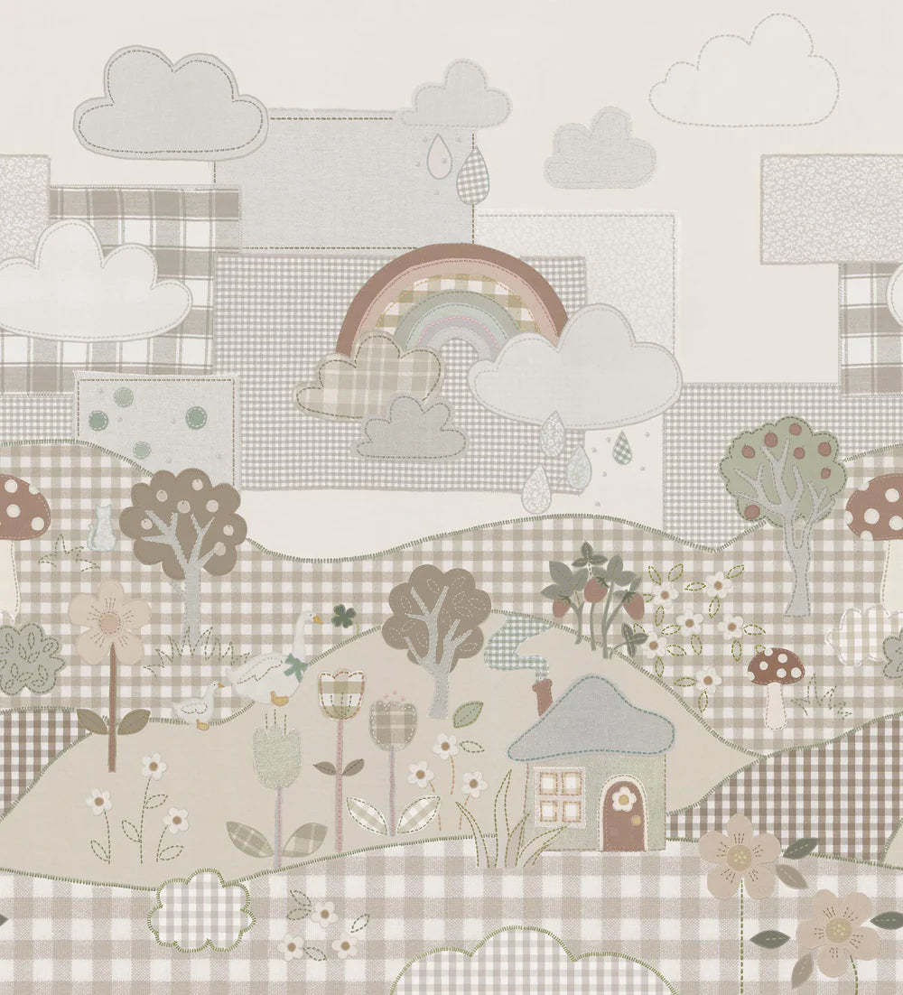 Cottage Patchwork is a playful mural wallpaper in a calm, neutral palette of muted beige, grey, brown, green, and white tones. 