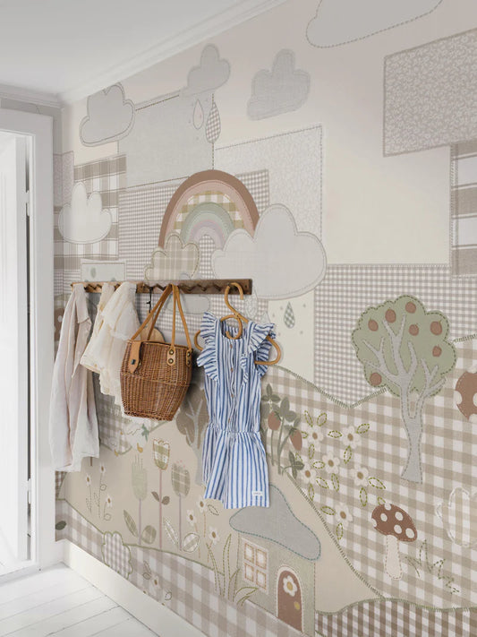 Cottage Patchwork is a playful mural wallpaper in a calm, neutral palette of muted beige, grey, brown, green, and white tones. 