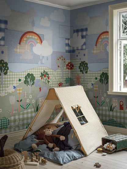 Full of charming little details waiting to be discovered, Cottage Patchwork is a children's mural wallpaper brought to life through a playful handmade collage of cut fabric pieces.