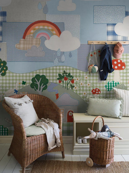 Full of charming little details waiting to be discovered, Cottage Patchwork is a children's mural wallpaper brought to life through a playful handmade collage of cut fabric pieces.