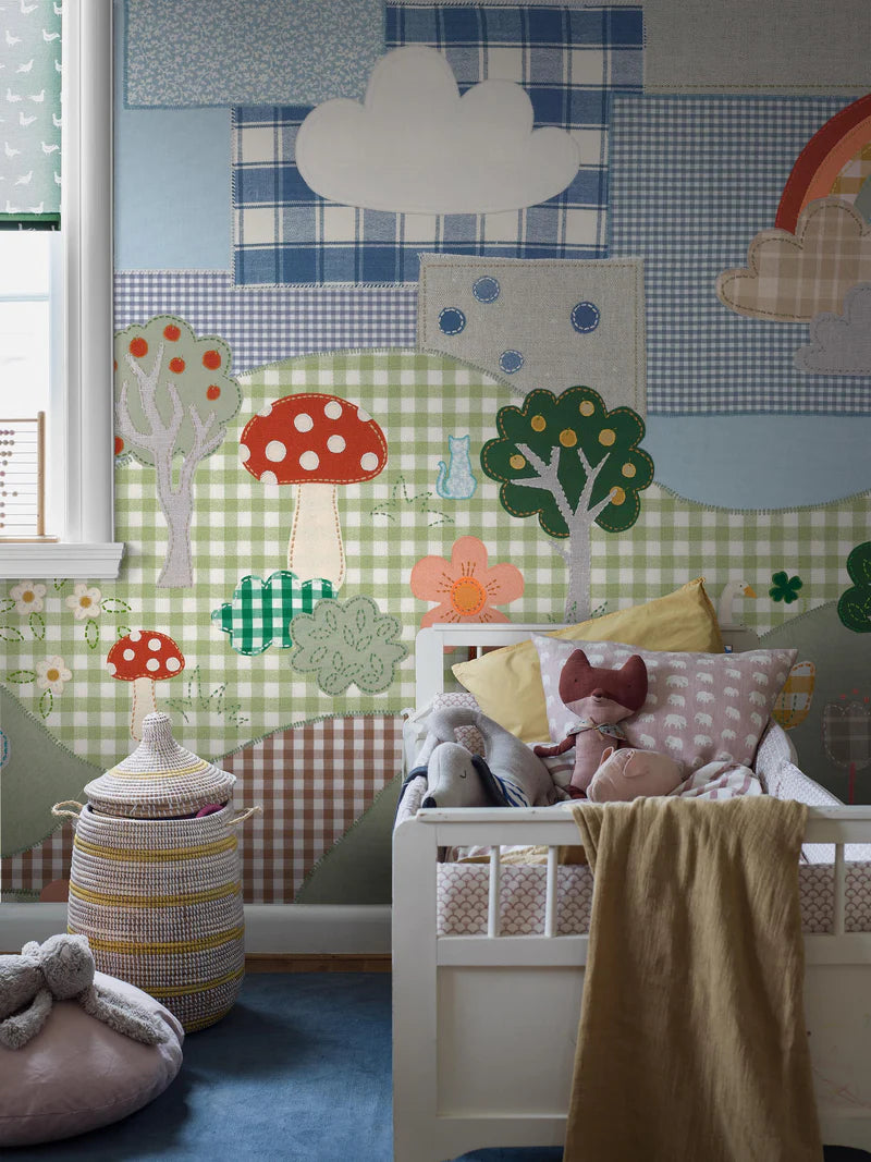 Full of charming little details waiting to be discovered, Cottage Patchwork is a children's mural wallpaper brought to life through a playful handmade collage of cut fabric pieces.