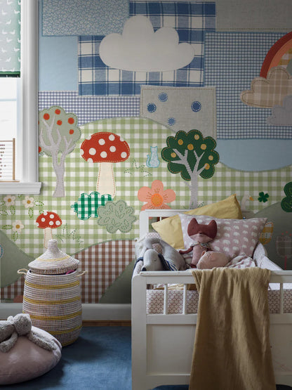 Full of charming little details waiting to be discovered, Cottage Patchwork is a children's mural wallpaper brought to life through a playful handmade collage of cut fabric pieces.