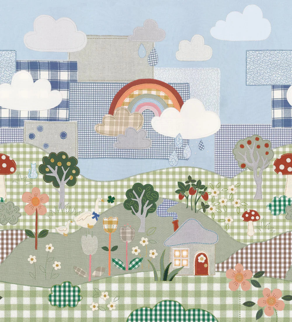 Full of charming little details waiting to be discovered, Cottage Patchwork is a children's mural wallpaper brought to life through a playful handmade collage of cut fabric pieces.