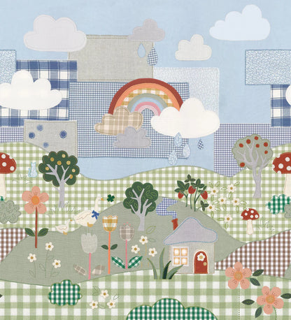 Full of charming little details waiting to be discovered, Cottage Patchwork is a children's mural wallpaper brought to life through a playful handmade collage of cut fabric pieces.