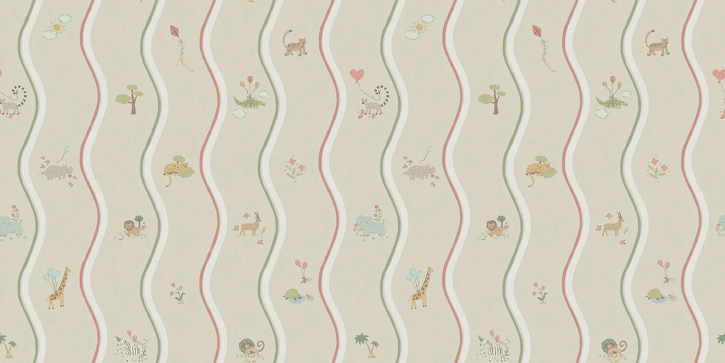 The hand-drawn pattern of Wavy Stripe Animals wallpaper mural appears to be a playful striped design — but look a little closer and a whole world of charm reveals itself.
