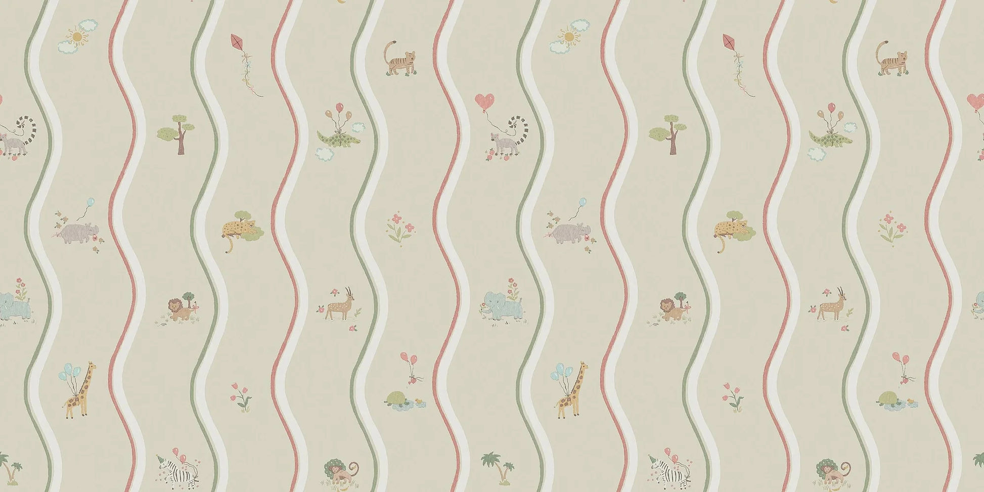 The hand-drawn pattern of Wavy Stripe Animals wallpaper mural appears to be a playful striped design — but look a little closer and a whole world of charm reveals itself.