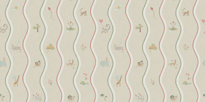 The hand-drawn pattern of Wavy Stripe Animals wallpaper mural appears to be a playful striped design — but look a little closer and a whole world of charm reveals itself.
