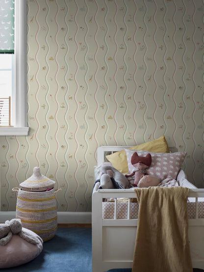 The hand-drawn pattern of Wavy Stripe Animals wallpaper mural appears to be a playful striped design — but look a little closer and a whole world of charm reveals itself.