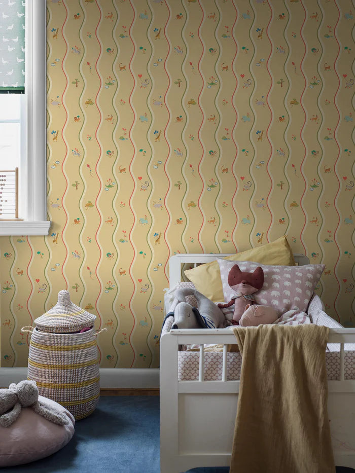 At first glance, the hand-drawn pattern of Wavy Stripe Animals appears to be a playful striped design — but look a little closer and a whole world of charm reveals itself.