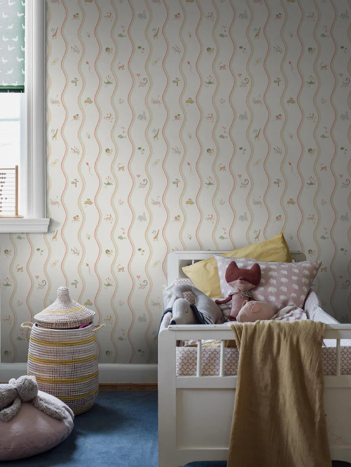 At first glance, the hand-drawn pattern of Wavy Stripe Animals appears to be a playful striped design — but look a little closer and a whole world of charm reveals itself.