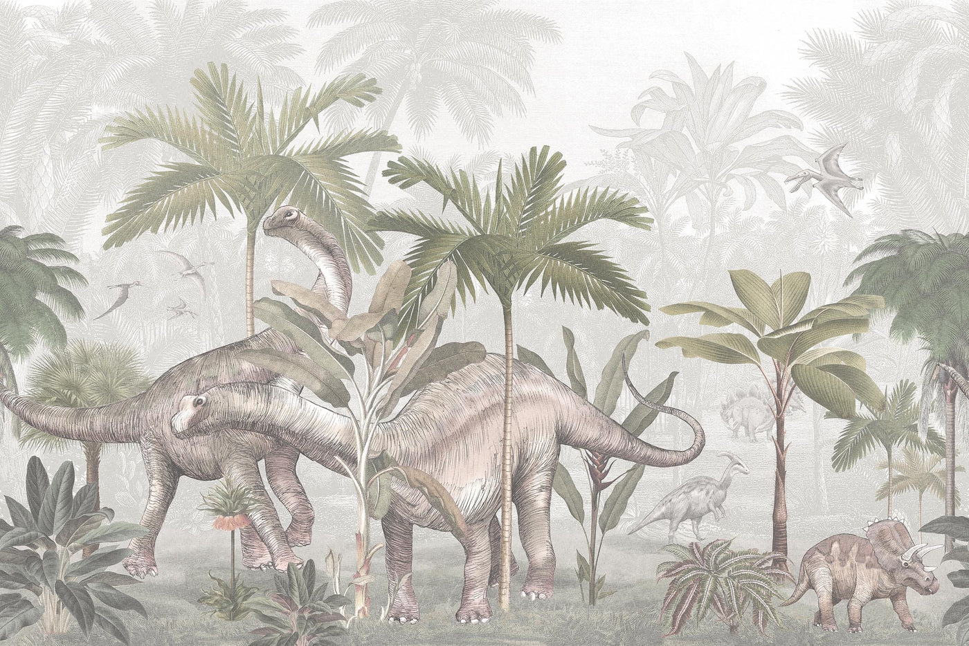 Step back millions of years with Vintage Palms Dinosaurs — a striking mural wallpaper that brings prehistoric giants to life in truly impressive scale.