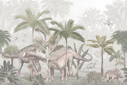 Step back millions of years with Vintage Palms Dinosaurs — a striking mural wallpaper that brings prehistoric giants to life in truly impressive scale.