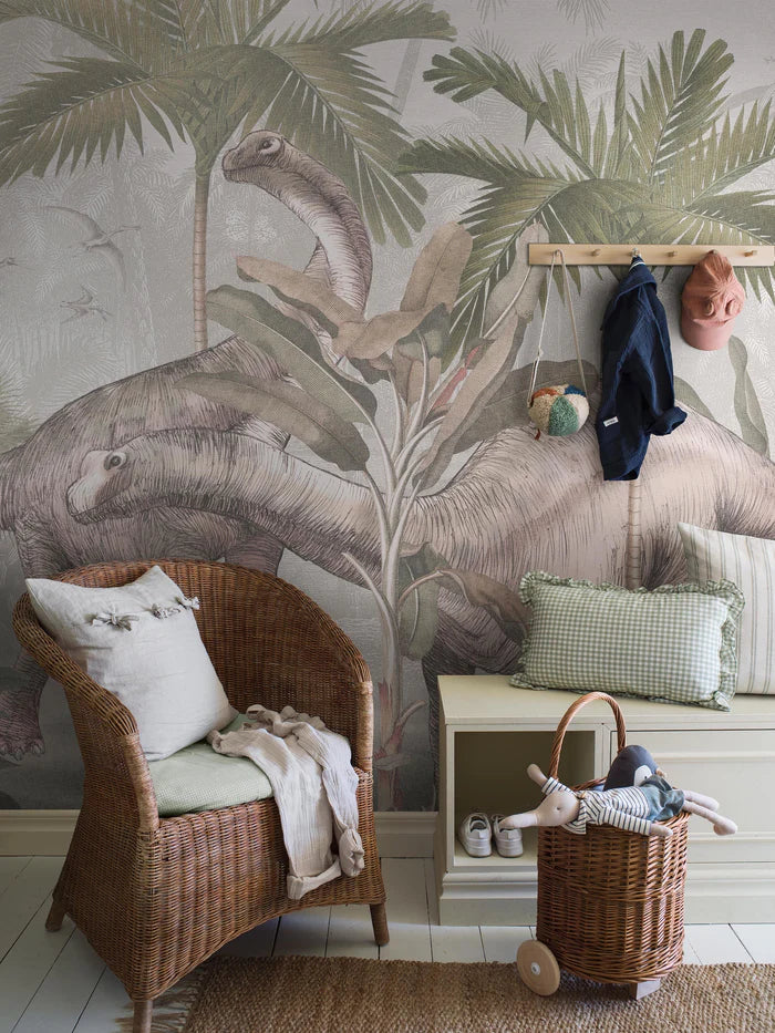 Step back millions of years with Vintage Palms Dinosaurs — a striking mural wallpaper that brings prehistoric giants to life in truly impressive scale.