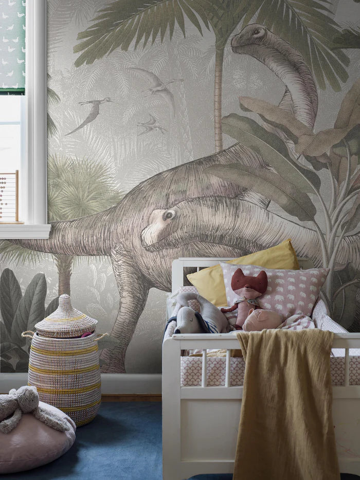 Step back millions of years with Vintage Palms Dinosaurs — a striking mural wallpaper that brings prehistoric giants to life in truly impressive scale.
