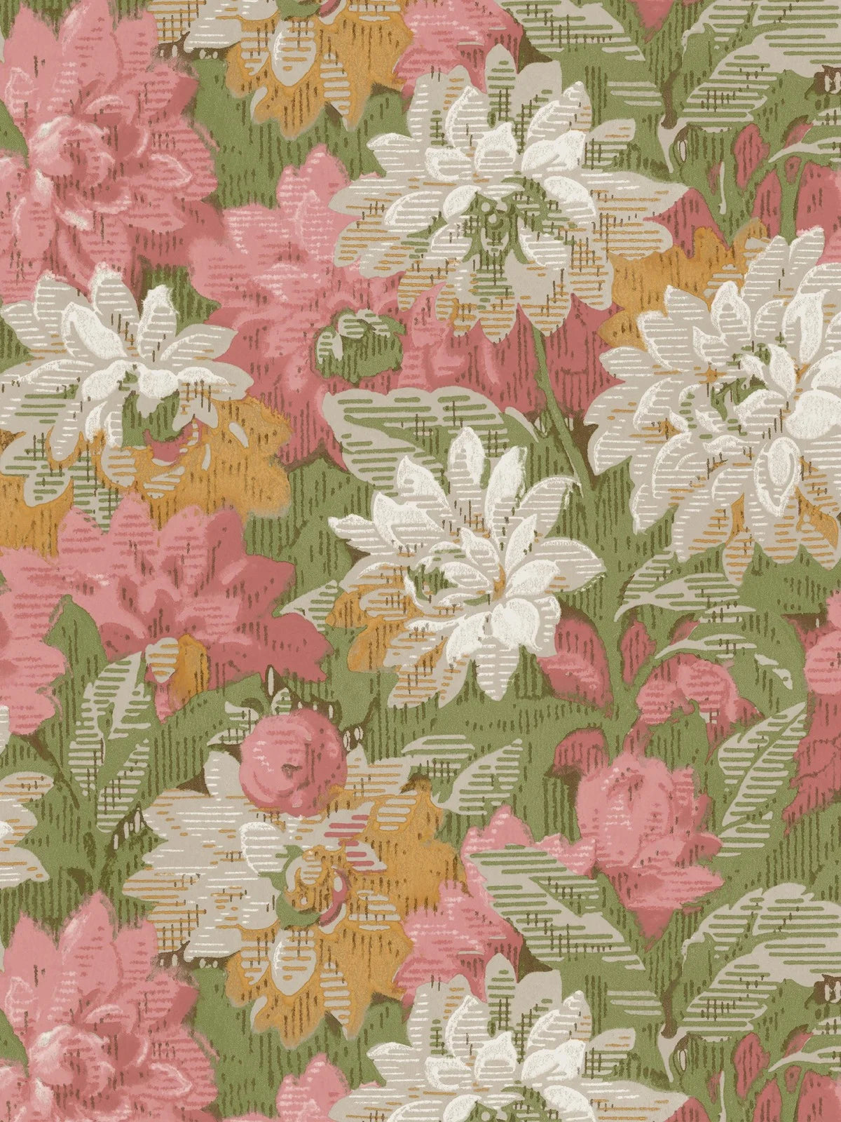 pink and yellow-orange meet more muted shades of grey and white. The foliage is rendered in warm greens. Delilah Grand is extraordinary in every way, with its colorful floral design in a truly large scale.