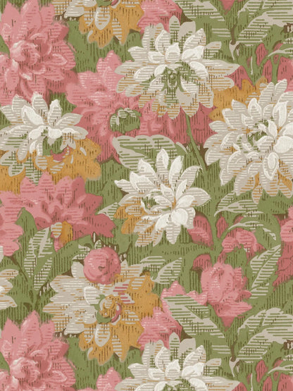 pink and yellow-orange meet more muted shades of grey and white. The foliage is rendered in warm greens. Delilah Grand is extraordinary in every way, with its colorful floral design in a truly large scale.