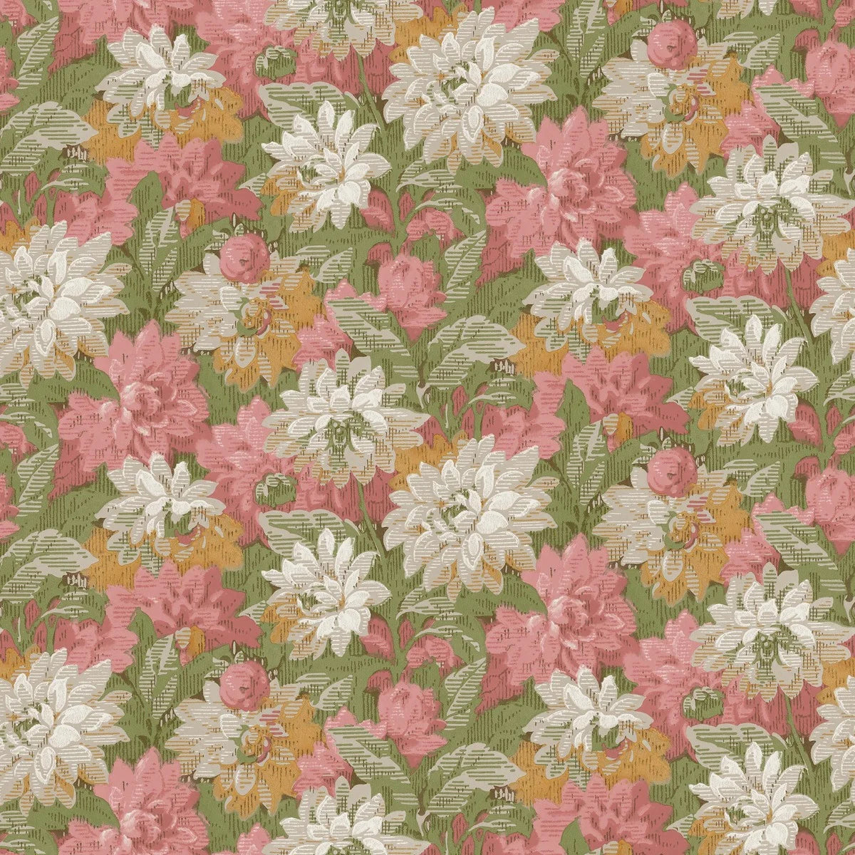 pink and yellow-orange meet more muted shades of grey and white. The foliage is rendered in warm greens. Delilah Grand is extraordinary in every way, with its colorful floral design in a truly large scale.