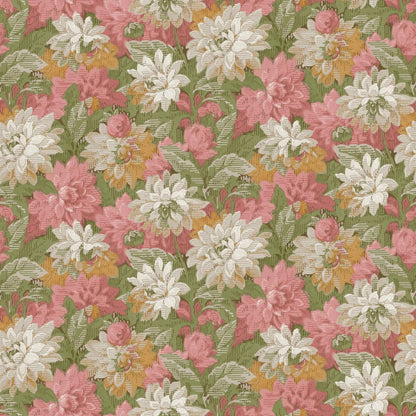 pink and yellow-orange meet more muted shades of grey and white. The foliage is rendered in warm greens. Delilah Grand is extraordinary in every way, with its colorful floral design in a truly large scale.