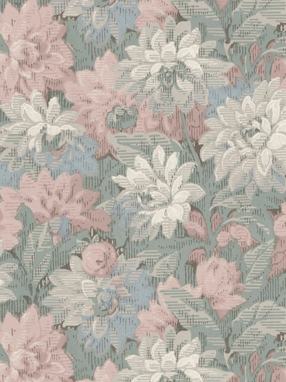 Here, Delilah Grand Wallpaper murals lush dahlia design appears in a soft pastel palette: flowers in muted shades of pink, blue, grey and white set against light blue-green foliage.