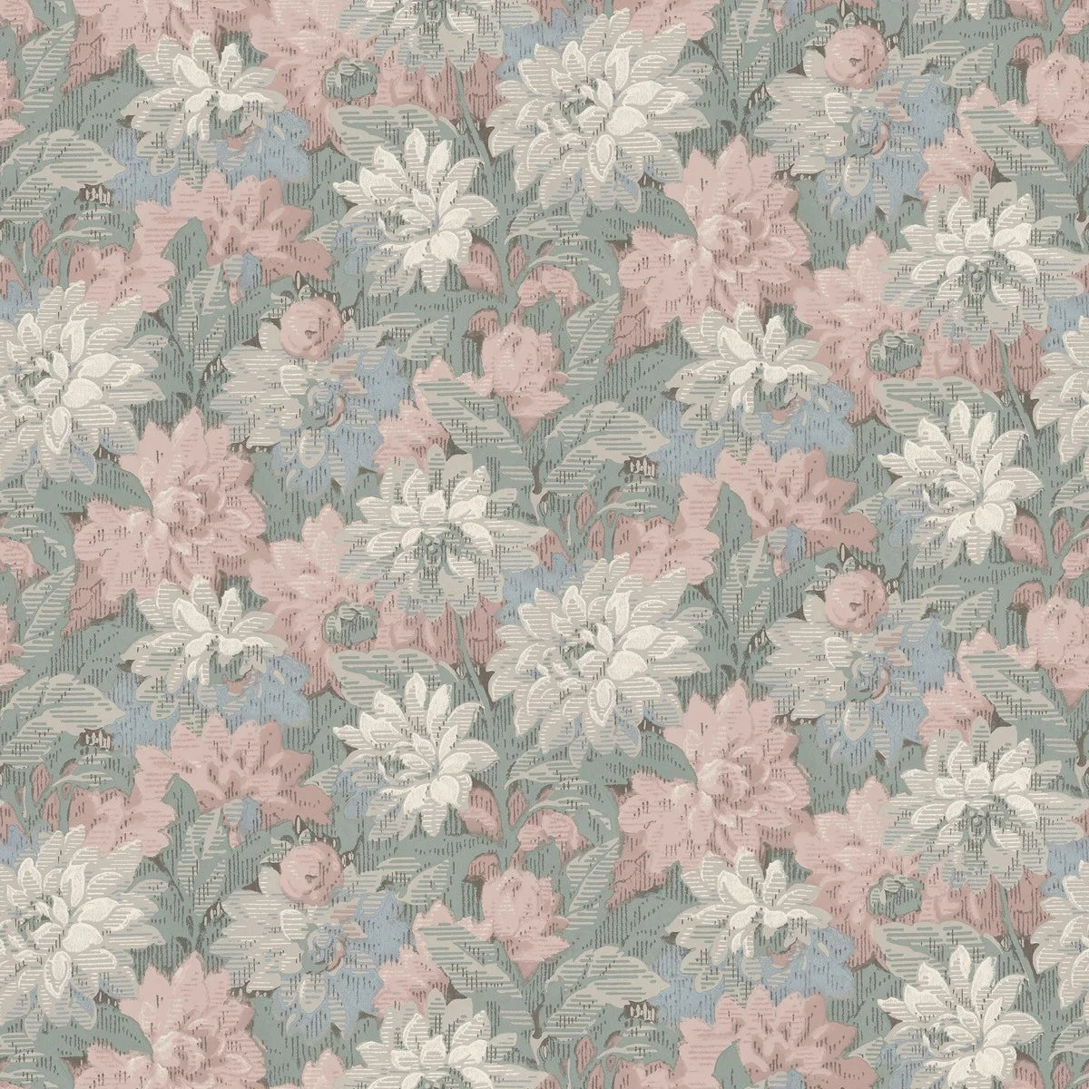 Here, Delilah Grand Wallpaper murals lush dahlia design appears in a soft pastel palette: flowers in muted shades of pink, blue, grey and white set against light blue-green foliage.