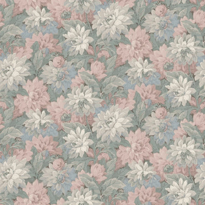 Here, Delilah Grand Wallpaper murals lush dahlia design appears in a soft pastel palette: flowers in muted shades of pink, blue, grey and white set against light blue-green foliage.