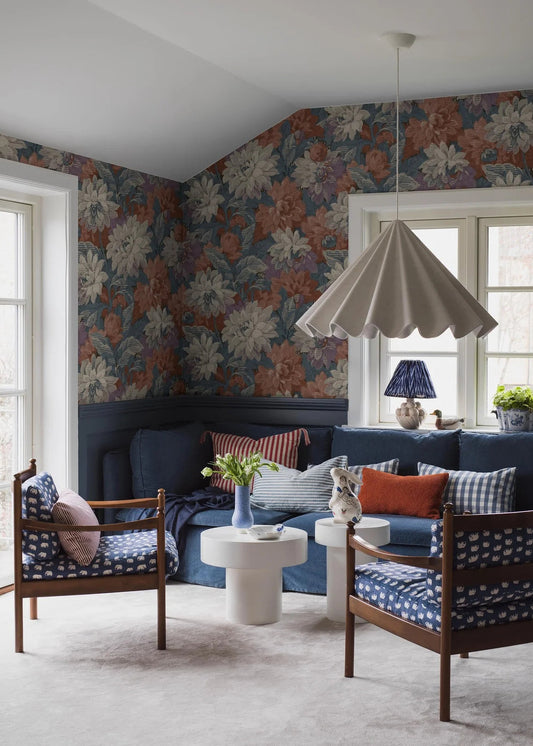 The lush pattern of blooming dahlias features a subtle woven texture; fine lines run throughout the entire design, and the original is indeed a classic tapestry mural wallpaper.