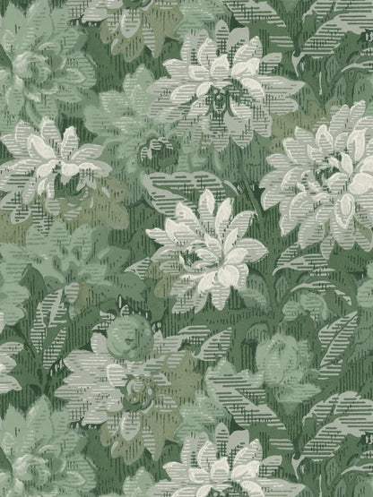 The green wallpaper Delilah Grand is an enlarged reprint of a beautiful tapestry wallpaper from the turn of the last century. The dense pattern of blooming dahlias lay hidden in our archive for many years.