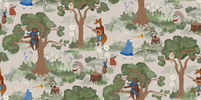 On the charming mural wallpaper Woodland Orchestra, the forest animals have gathered in the clearing between the trees to play music together. Can you see who the conductor is?