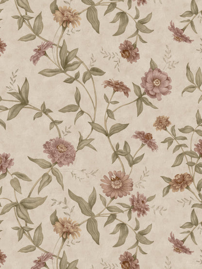 Zinnia Grand All Over is a large-scale floral wallpaper with a softly flowing trail of zinnias climbing across the wall. 
