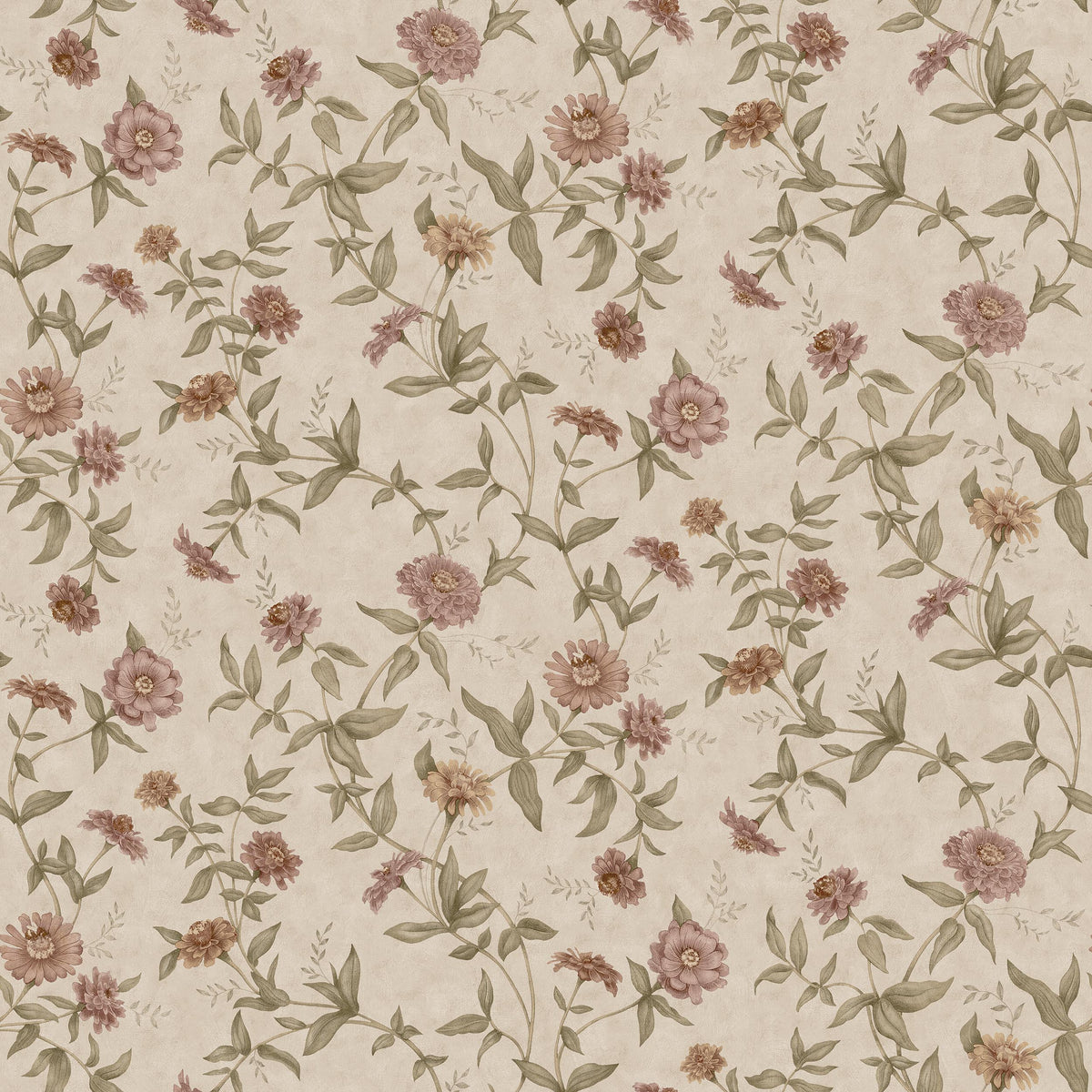 Zinnia Grand All Over is a large-scale floral wallpaper with a softly flowing trail of zinnias climbing across the wall. 