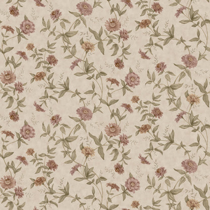 Zinnia Grand All Over is a large-scale floral wallpaper with a softly flowing trail of zinnias climbing across the wall. 