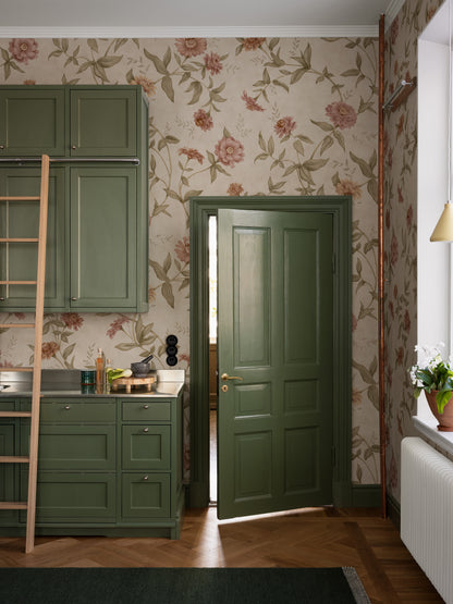 Zinnia Grand All Over is a large-scale floral wallpaper with a softly flowing trail of zinnias climbing across the wall. 