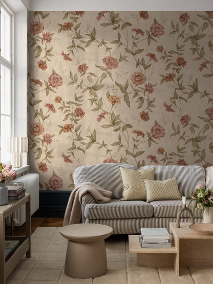 Zinnia Grand All Over is a large-scale floral wallpaper with a softly flowing trail of zinnias climbing across the wall. 